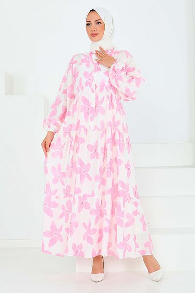 TOFİSA Buttoned Patterned Dress Pink - 27514
