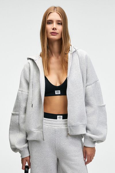GRIMELANGE Vivienne Women's Metal Zipper Hooded Grimelange Sweatshirt with Ornamental Label and Pocket Detail on the Sleeve