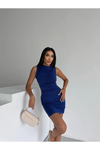 hazelin Kadın Saks Mavi Beli Drapeli Sandy Kumaş Mini Elbise HZL25S-FRY122981