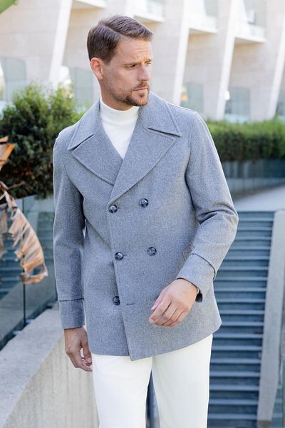 Morven Men's Gray Wool Double Breasted Dynamic Fit Pointed Collar Coat