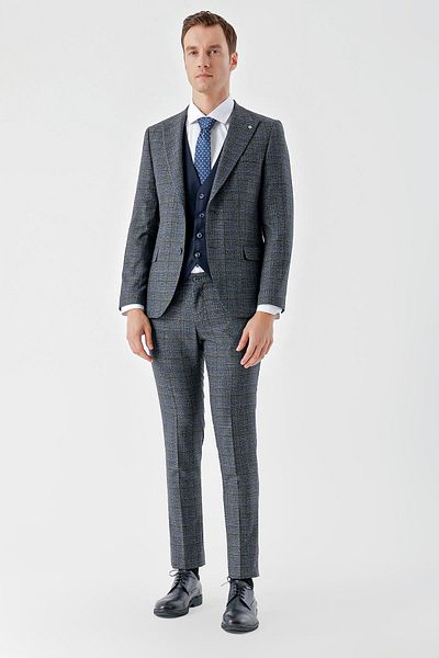Morven Men's Navy Blue Polyviscose Trend Vested Combination Pointed Collar Suit