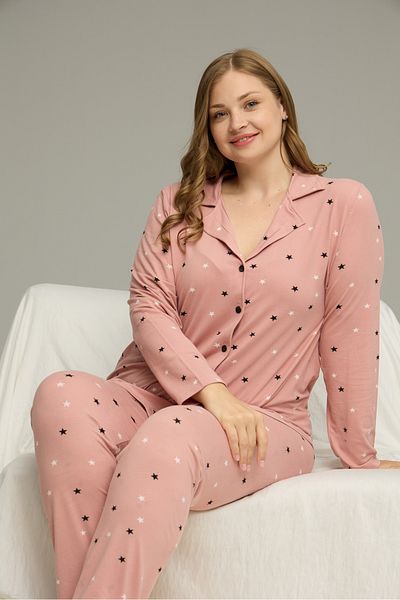 Siyah İnci Powder Patterned Large Size Oversized Shirt Collar Buttoned Milan Knitted Pajama Set25224322