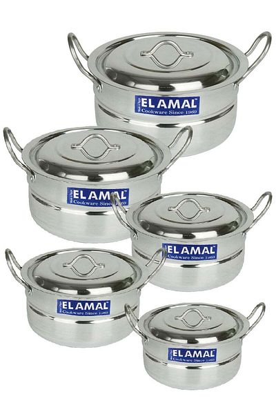 ELAMAL Al-Amal Aluminum Pot Set with 5 Pots and Handles - Made in Egypt