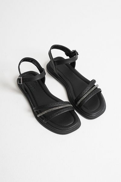 Nexs Women's Single Stripe Stone Ankle Strap Flat Sole Black Sandals