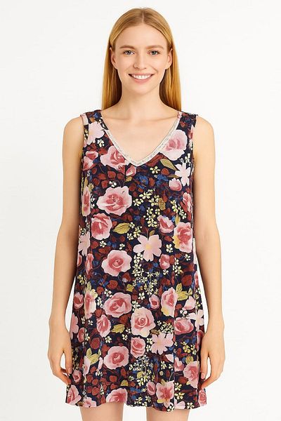 enmodaiçgiyim Colorful 100% Cotton Viscose Women's Nightdress–Flower Pattern, V-Neck, Lace Detail, Stretchy Summer Home Wear