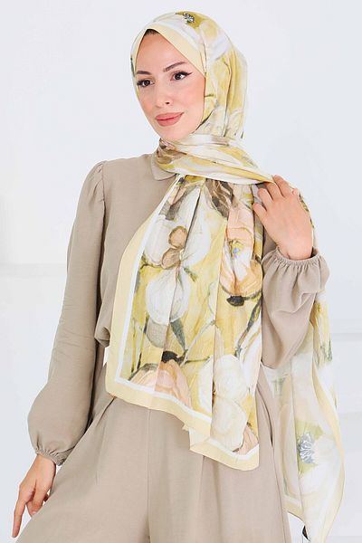 TOFİSA Patterned Bamboo Square Shawl Oil Green - 27523