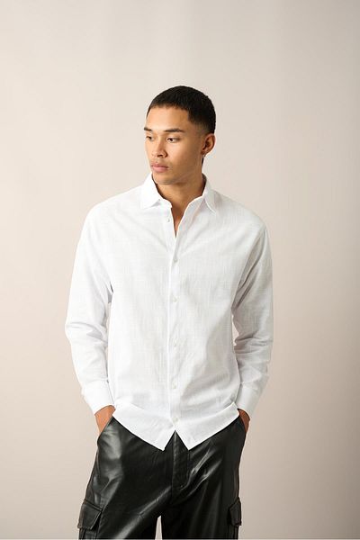 Rocqerx R-3780 Footed Collar Lightweight Oversize Long Sleeve Linen Shirt
