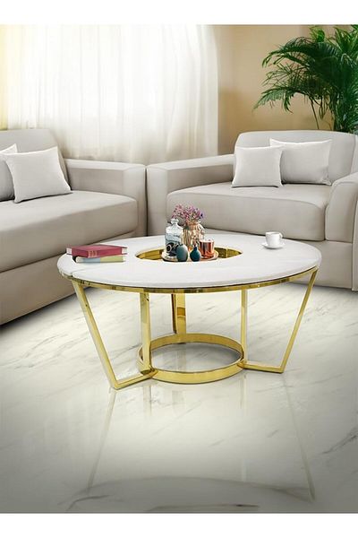 Vanity Living Golden Round Coffee Table with Marble Top by Vanity Living