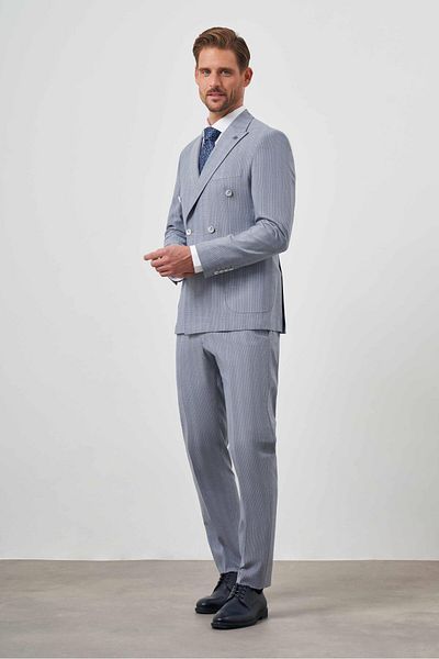 Morven Men's Navy Blue Polyviscon Trend Double Breasted Slim Fit Pointed Collar Suit