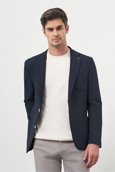 Morven Men's Navy Blue Woven Seersucker Slim Fit Bag Pocket Mono Collar Sports Jacket