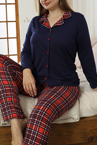 Siyah İnci Navy Blue Patterned Large Size Battal Size Shirt Collar Buttoned Milan Knitted Pajamas Suit25224308