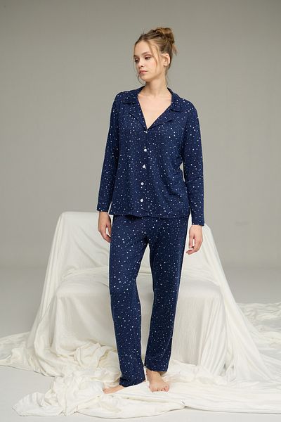 Siyah İnci Navy Blue Star Patterned Shirt Collar Buttoned Milan Knitted Pajamas Suit25224026