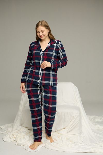 Siyah İnci Navy Blue Patterned Large Size Oversized Shirt Collar Buttoned Milan Knitted Pajama Set25224333