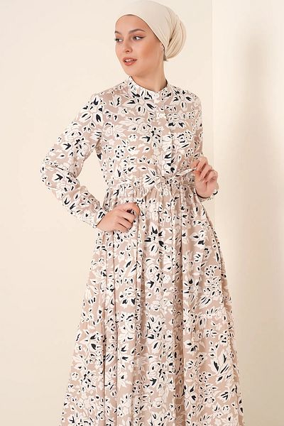 hazelin Women's Beige Patterned Judge Collar Summer Long Dress Hzl25W-Bd122971