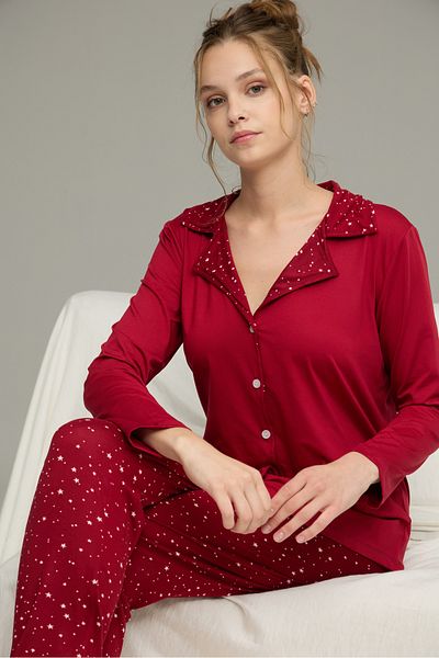 Siyah İnci Burgundy Star Patterned Shirt Collar Button Milan Knitted Pajamas Suit25224025