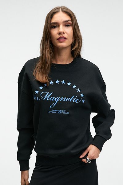 GRIMELANGE Vistara women's embroidered round neck regular fit black sweatshirt