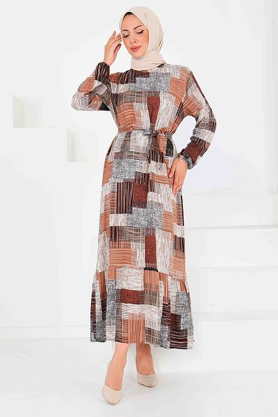 TOFİSA Patterned Belted Dress Brown - 27518
