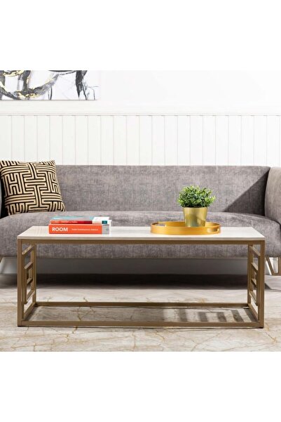 Vanity Living Brescia Coffee Table – Cream Faux Concrete Wooden Top with Gold Metal Frame – Mode