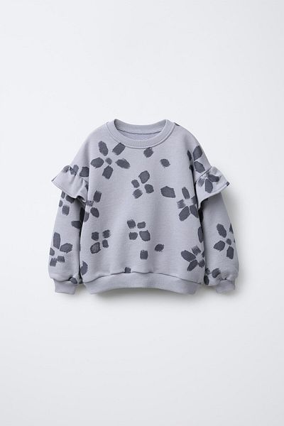 Magu Girl's Cotton Gray Floral Patterned Sweatshirt and Leggings Set - Relaxed Fit, Ruffle Detail