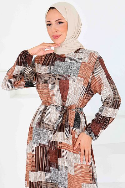 TOFİSA Patterned Belted Dress Brown - 27518