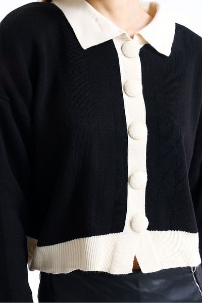 sole stories Women's Contrast Detail Long Sleeve Polo Neck Knitwear Cardigan