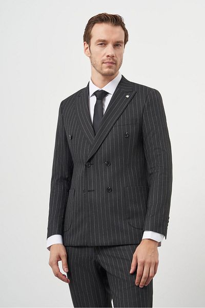 Morven Men's Smoked Polyviscon Trend Double Breasted Slim Fit Pointed Collar Suit