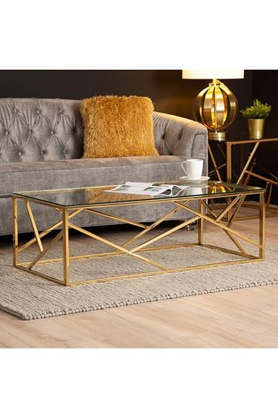 Vanity Living 120cm Coffee Table for Room Furniture, Modern Tempered Glass Tabletop with Gold Sturdy