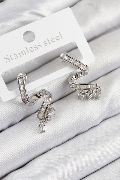 SeyCey.co Brass Zircon Stone Curved Model Silver Color Women's Earrings