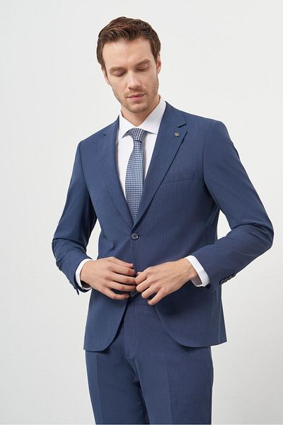 Morven Men's Indigo Wool Slim Fit Mono Collar Suit