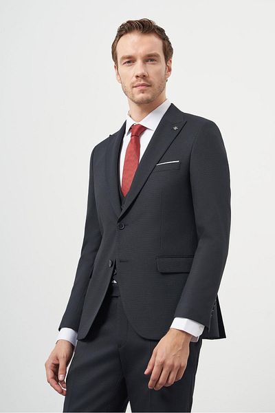 Morven Men's Navy Blue Polyviscon Basic Jacquard Pattern Slim Fit Pointed Collar Suit with Vest