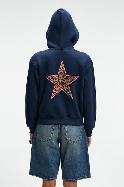 GRIMELANGE Yumea Women's Oversize Hooded Printed Navy Blue Sweatshirt