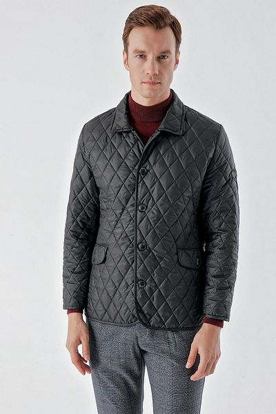 Morven Men's Black Buttoned Berber Collar Dynamic Fit Comfortable Cut Quilted Coat