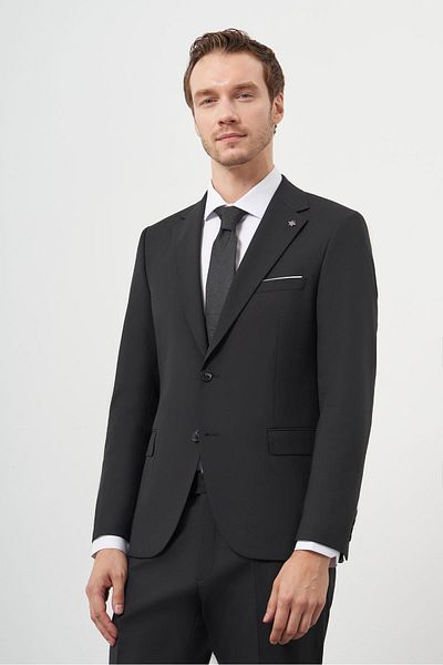 Morven Men's Black Wool Slim Fit Mono Collar Suit