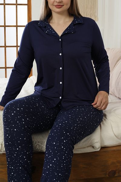 Siyah İnci Navy Blue Patterned Large Size Battal Oversize Shirt Collar Buttoned Milan Knitted Pajamas Suit25224311