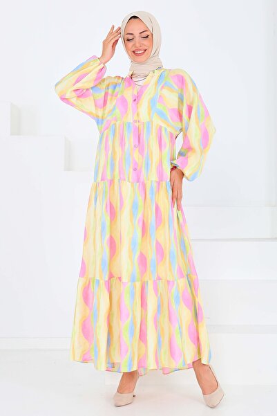 TOFİSA Düğmeli Desenli Elbise Pembe - 27515