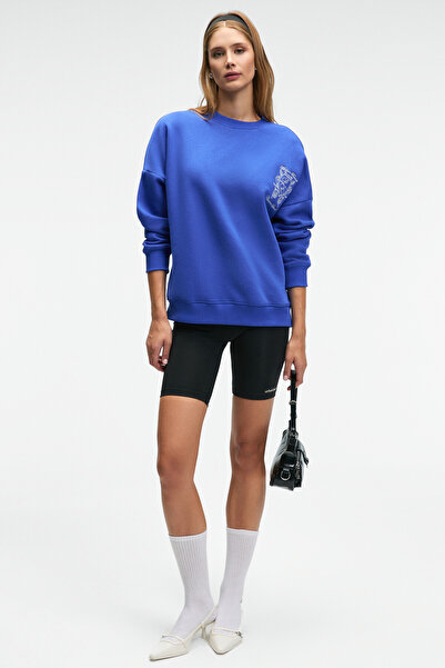 GRIMELANGE Audra Women's Oversize Round Neck Blue Sweatshirt with Embroidery Detail