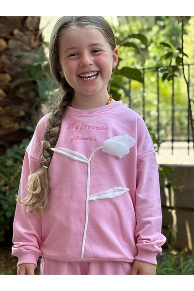 GÖKJOY BUTİK Premium Quality Embroidery and Rose Detail Girl's Tracksuit Set