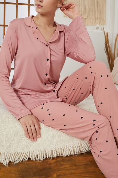 Siyah İnci Powder Star Patterned Shirt Collar Buttoned Milan Knitted Pajamas Suit25224006