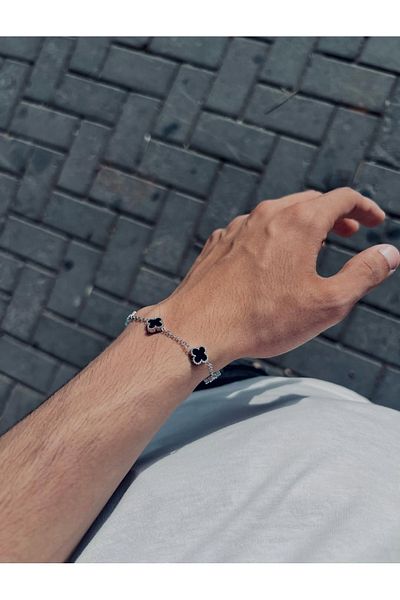 GUNESTAKI Silver Black Unisex Men Women Medium Size Steel Bracelet