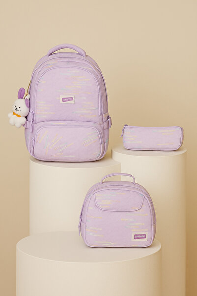 nacar çarşı Kız Çocuk Zigzag Desenli Lila 3’lü Okul Çantası Kore Tarzı Peluş ...