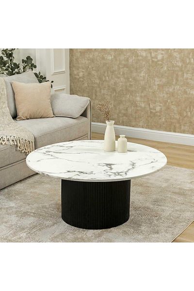 Vanity Living - طاولة قهوة دائرية، بمظهر رخامي، قطرها 100 سم، مصنوعة من حجر الترافرتين، ذات حافة منحنية