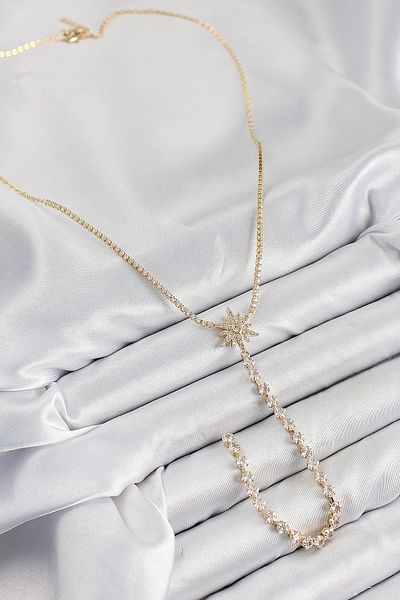 TUA MODA Old Fashion Brass Zircon Stone Pole Star Model Silver Color Y Necklace