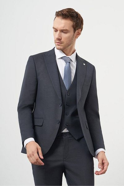 Morven Men's Navy Blue Polyviscon Trend Vest Patterned Slim Fit Pointed Collar Suit