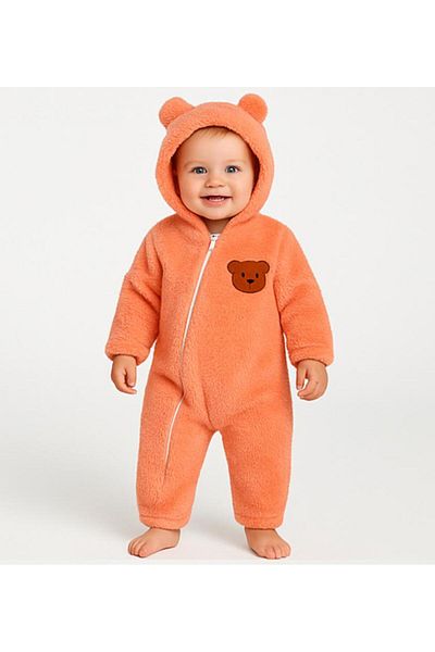 nevrankids Unisex Baby Plush Jumpsuit Cross Zipper Teddy Bear Figured Hooded Eared Jumpsuit - Salmon