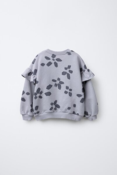 Magu Lány pamut szürke virágmintás pulóver és leggings szett - kényelmes szabású, fodros részletekkel