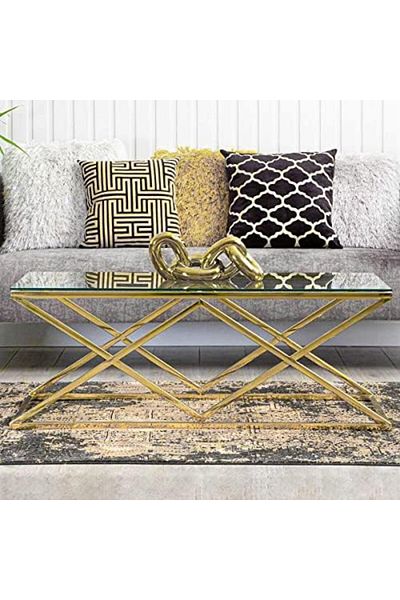 Vanity Living طاولة قهوة لغرفة المعيشة، سطح طاولة عصري من الزجاج المقسّى مع لون بورتو جولد المتين