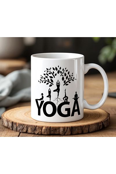 BB TRADE Yoga Designed White Ceramic Printed Mug Cup 330ml