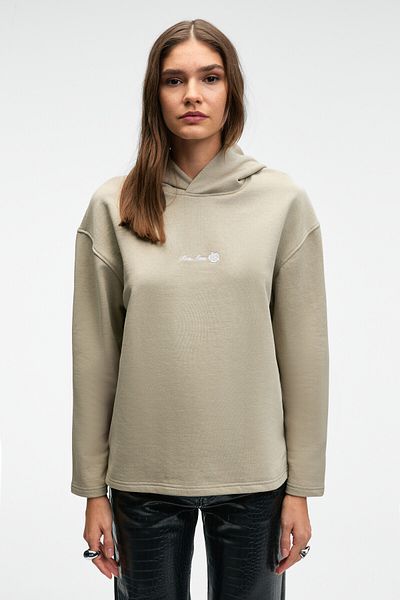 GRIMELANGE Camellia Women's Front Embroidered Hem Slit Hooded Comfort Fit Stone Color Sweatshirt