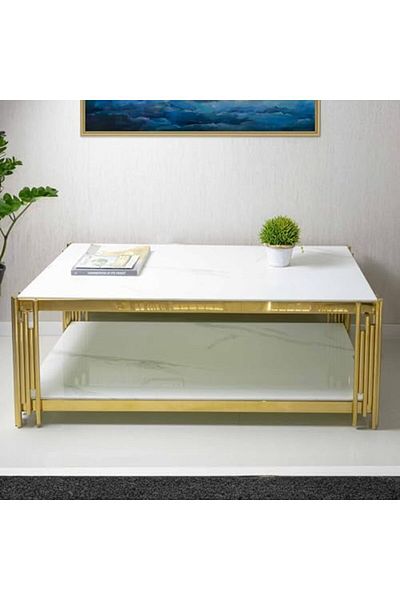 Vanity Living طاولة قهوة كبيرة لأثاث غرفة المعيشة، مصنوعة من الرخام الصناعي باللونين الكريمي والذهبي