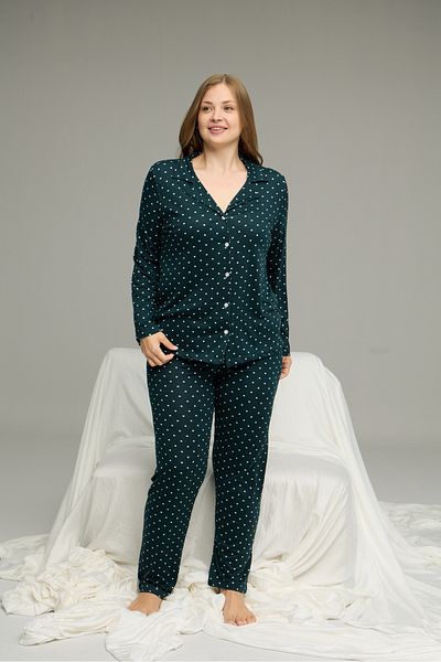 Siyah İnci Green Large Size Oversize Shirt Collar Button Milan Knitted Pajamas Suit25224340